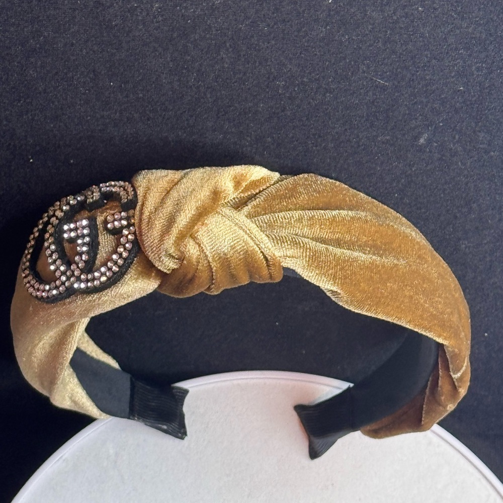 Tan Velvet Rhinestone Headband - Picture 2 of 14